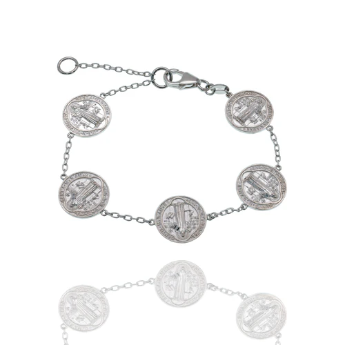 Sterling Silver High Polished Saint Benedict Prayer Medal Adjustable Bracelet