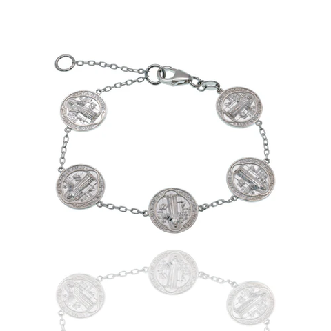 Sterling Silver High Polished Saint Benedict Prayer Medal Adjustable Bracelet