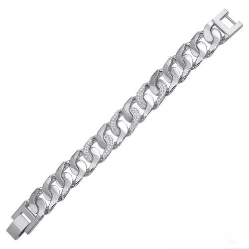 Sterling Silver Rhodium Plated CZ Link Hip Hop Bracelet Width-17.3mm