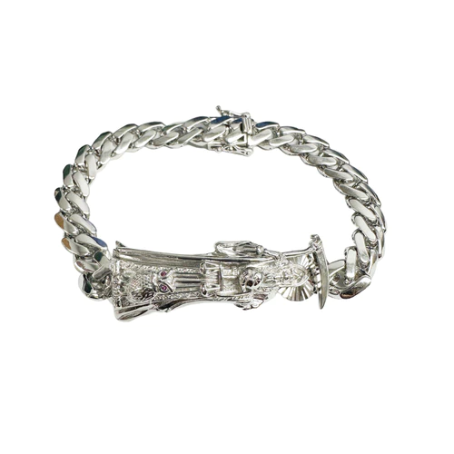 Sterling Silver Rhodium Plated Santa Muerte Angel of Death 1mm Cuban Bracelet, Size 8