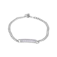 Sterling Silver Rhodium Plated Curb Baguette Clear CZ Adjustable Bracelet