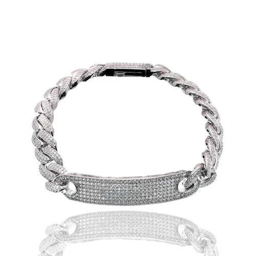 Sterling Silver Rhodium Plated Iced Out Cuban Link ID Bracelet