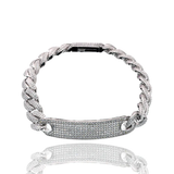 Sterling Silver Rhodium Plated Iced Out Cuban Link ID Bracelet