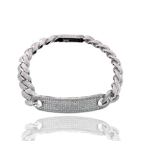 Sterling Silver Rhodium Plated Iced Out Cuban Link ID Bracelet