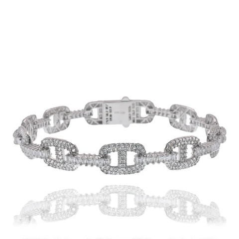 Sterling Silver Rhodium Plated Iced Out Mariner Link ID Baguette Clear CZ Bracelet