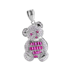 Sterling Silver Rhodium Plated Large Teddy Bear Red Baguette and Clear CZ Pendant