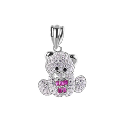 Sterling Silver Rhodium Plated Teddy Bear Red Baguette and Clear CZ Pendant