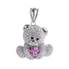 Sterling Silver Rhodium Plated Teddy Bear Red Baguette and Clear Large CZ Pendant