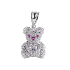 Sterling Silver Rhodium Plated Teddy Bear Clear Baguette Heart Red and Clear Large CZ Pendant