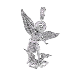 Sterling Silver Rhodium Plated Saint Michael Baguette Halo Clear CZ Large Pendant