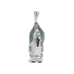 Sterling Silver Rhodium Plated Virgin Mary 3D Green CZ Small Pendant