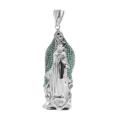 Sterling Silver Rhodium Plated Virgin Mary 3D Green CZ Large Pendant