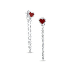 Sterling Silver Rhodium Plated Dangling Heart Red Enamel Bar Stud Earrings