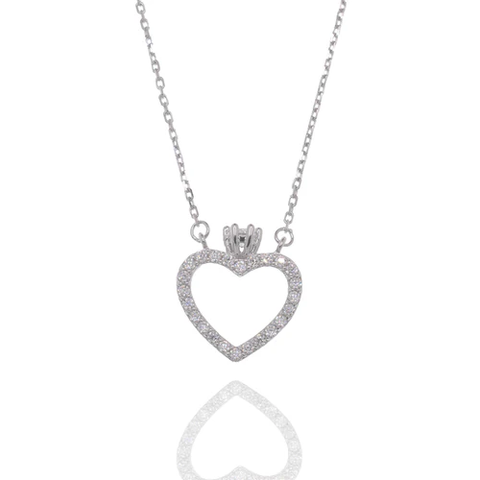 Sterling Silver Rhodium Plated Moissanite Heart Crown Pendant Adjustable Necklace