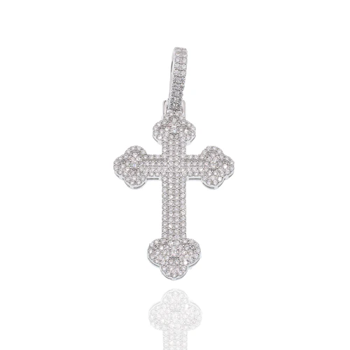 Sterling Silver Rhodium Plated Moissanite Fleur-De-Lis Cross Encrusted Pendant