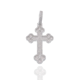 Sterling Silver Rhodium Plated Moissanite Fleur-De-Lis Cross Encrusted Pendant