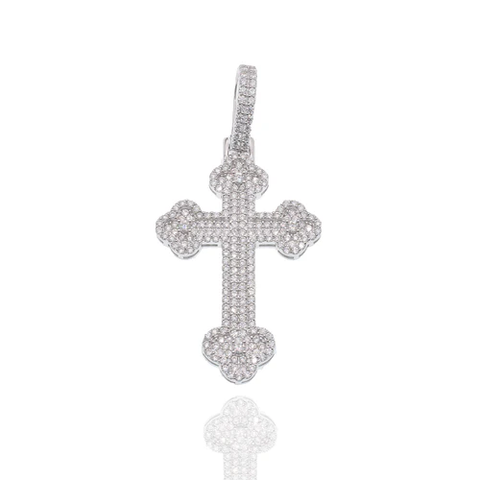 Sterling Silver Rhodium Plated Moissanite Fleur-De-Lis Cross Encrusted Pendant