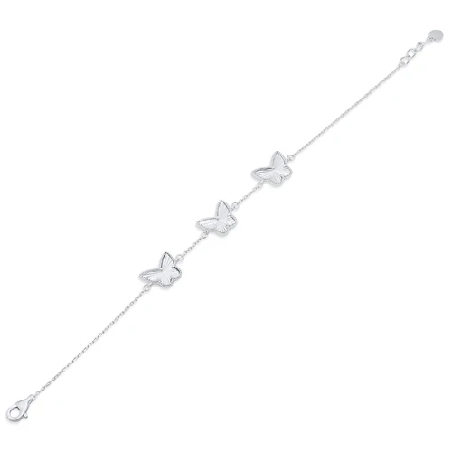 Sterling Silver Rhodium Plated Diamond Cut Three Butterfly Charm Adjustable Bracelet