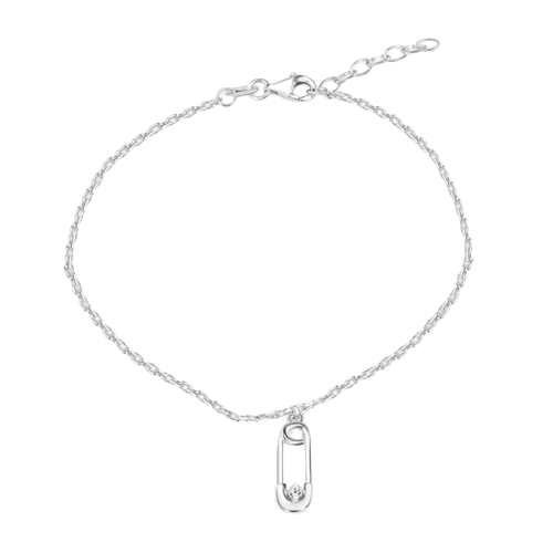 Sterling Silver Rhodium Plated Cable Safety Pin Charm Clear CZ Adjustable Anklet