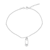 Sterling Silver Rhodium Plated Cable Safety Pin Charm Clear CZ Adjustable Anklet