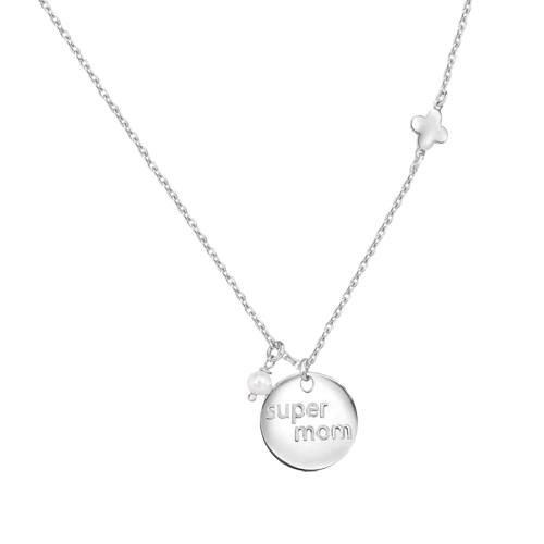 Sterling Silver Rhodium Plated Super Mom Four Leaf Clover and Pearl Necklace Pendant