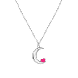 Sterling Silver Rhodium Plated Moon Pink Heart Enamel Necklace Pendant
