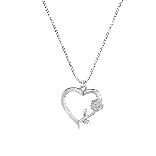 Sterling Silver Rhodium Plated Heart Rose Necklace Pendant