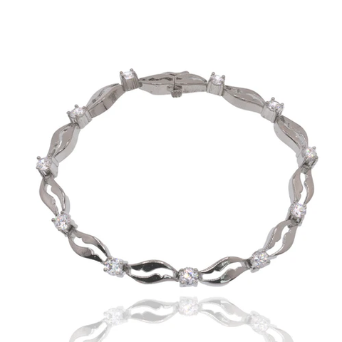 Sterling Silver Rhodium Plated Wave Link Clear CZ Bracelet