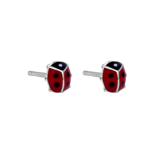 Sterling Silver Rhodium Plated Enamel Red Lady Bug Earrings