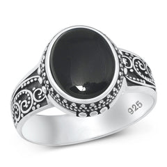 Sterling Silver Oxidized Black Agate Bali Ring -15.5mm