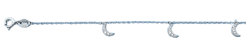 Sterling Silver Rhodium Plated Moon Clear CZ Anklet Length-9+1inches