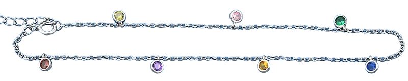 Sterling Silver Rhodium Plated Hanging Round Multi Colored CZ Anklet Length-9+1inches Extension, CZ Charm-3.7mm