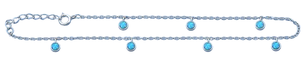 Sterling Silver Rhodium Plated Hanging Round Blue Lab Opal Anklet Length-9+1inches Extension