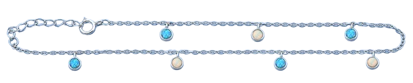 Sterling Silver Rhodium Plated Hanging Round Blue And White Lab Opal Anklet Length-9+1inches Extension