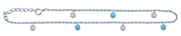 Sterling Silver Rhodium Plated Hanging Round Clear CZ And Blue Lab Opal Anklet Length-9+1inches Extension