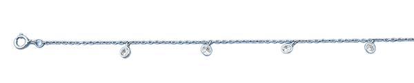 Sterling Silver Rhodium Plated Hanging Round Clear CZ Anklet Length-9+1inches Extension, CZ Charm-3.7mm