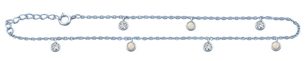 Sterling Silver Rhodium Plated Hanging Round Clear CZ And White Lab Opal Anklet Length-9+1inches Extension