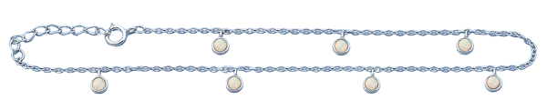 Sterling Silver Rhodium Plated Hanging Round  White Lab Opal Anklet Length-9+1inches Extension