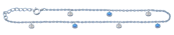 Sterling Silver Rhodium Plated Hanging Oval Clear CZ And Blue Lab Opal Anklet Length-9+1inches Extension