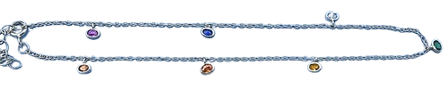 Sterling Silver Rhodium Plated Hanging Oval Multi Colored CZ Anklet Length-9+1inches Extension
