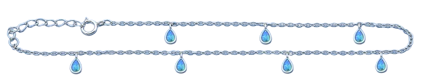 Sterling Silver Rhodium Plated Hanging Drop Blue Lab Opal Anklet Length-9+1inches Extension