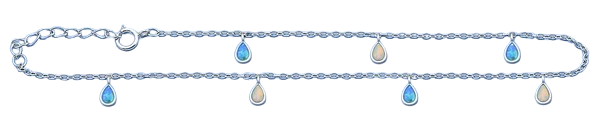 Sterling Silver Rhodium Plated Hanging Drop Blue And White Lab Opal Anklet Length-9+1inches Extension