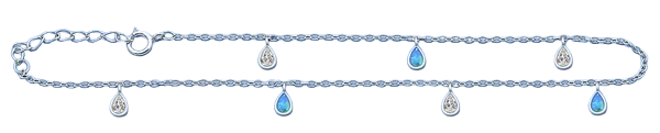 Sterling Silver Rhodium Plated Hanging Drop Clear CZ And Blue Lab Opal Anklet Length-9+1inches Extension