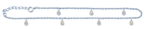 Sterling Silver Rhodium Plated Hanging Drop Clear CZ And White Lab Opal Anklet Length-9+1inches Extension