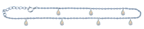 Sterling Silver Rhodium Plated Hanging Drop White Lab Opal Anklet Length-9+1inches Extension