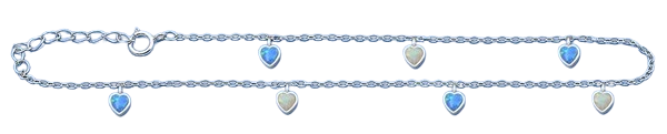 Sterling Silver Rhodium Plated Hanging Heart Blue And White Lab Opal Anklet Length-9+1inches Extension
