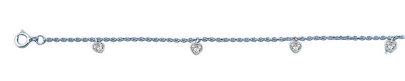 Sterling Silver Rhodium Plated Hanging Heart Clear CZ Anklet Length-9+1inches Extension