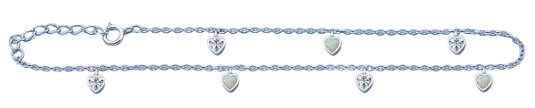 Sterling Silver Rhodium Plated Hanging Heart Clear CZ And White Lab Opal Anklet Length-9+1inches Extension