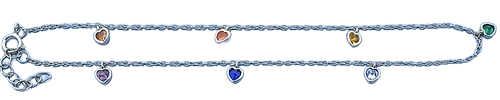 Sterling Silver Rhodium Plated Hanging Heart Multi Colored CZ Anklet Length-9+1inches Extension