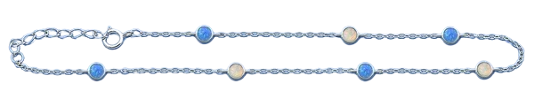 Sterling Silver Rhodium Plated Round Blue And White Lab Opal Anklet Length-9+1inches Extension